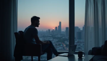 A man sits alone in a minimalist room, looking out a window at a twilight cityscape, surrounded by objects suggesting withdrawal and emotional detachment.