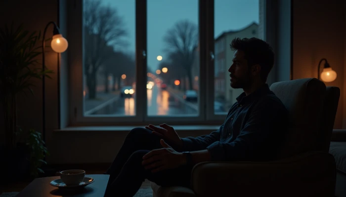 A man sitting in a dimly lit living room looking out at a rainy street