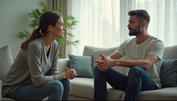 A man and his partner sitting together on a couch in a modern living room