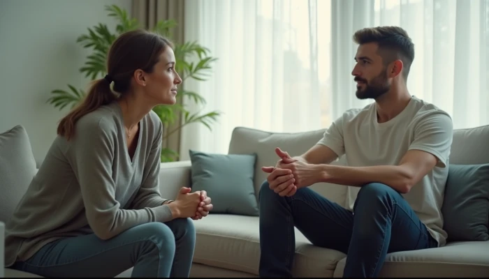 A man and his partner sitting together on a couch in a modern living room