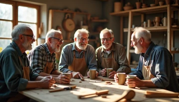 Men in a community workshop setting, engaged in collaborative activities with tools and materials spread across a wooden table, surrounded by unfinished projects and warm lighting.