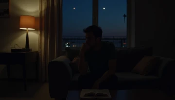 A man deep in thought in a cozy, well-lit living room