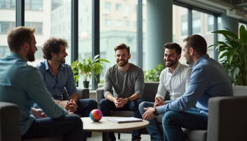 Men in a modern office break room having a relaxed conversation, with a potted plant, coffee table items, and blurred screens in the background.