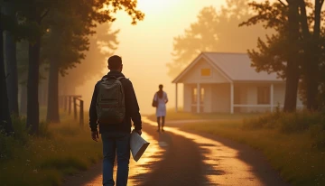 A man on a rural path holding a backpack and roadmap, with a distant clinic and healthcare worker visible in the misty morning light.