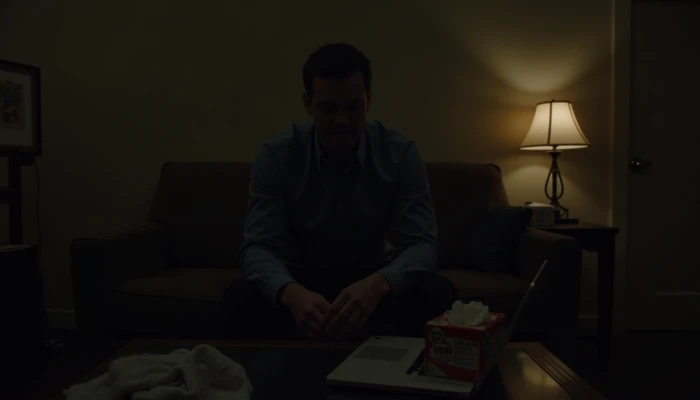 A man sitting alone in a dimly lit room