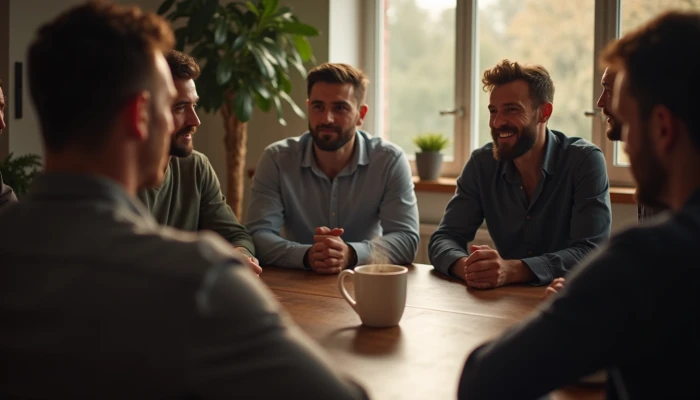 Men gathered in a circle around a table, engaged in a conversation, with a potted plant and coffee mugs visible in the scene.