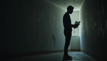A man in a dimly lit room holding a crumpled paper, with abstract patterns on the wall and soft lighting highlighting his face and the floor textures.