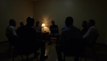 Men sitting in a circle discussing mental health in a community center meeting room