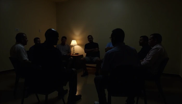 Men sitting in a circle discussing mental health in a community center meeting room