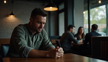 A man sitting in a modern coffee shop, lost in thought