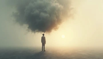 A solitary silhouette carrying a heavy object, with light emerging from the side to illuminate part of the scene, conveying themes of burden and the possibility of assistance.