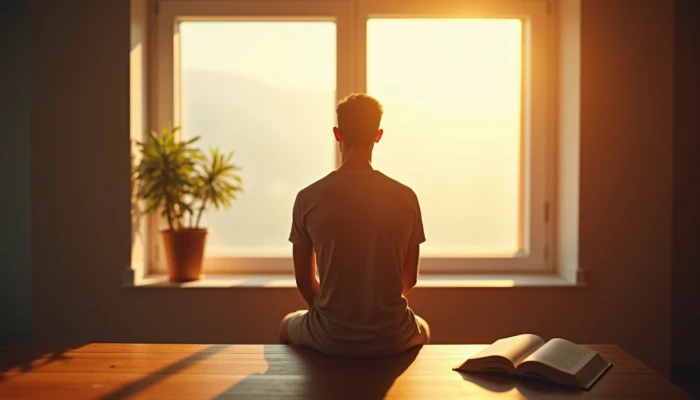 A man sits with his back to a sunlit window in a modern room. A potted plant on the windowsill faces the light, and an open book rests on a nearby table. Lighting transitions from cool to warm, suggesting emotional change.